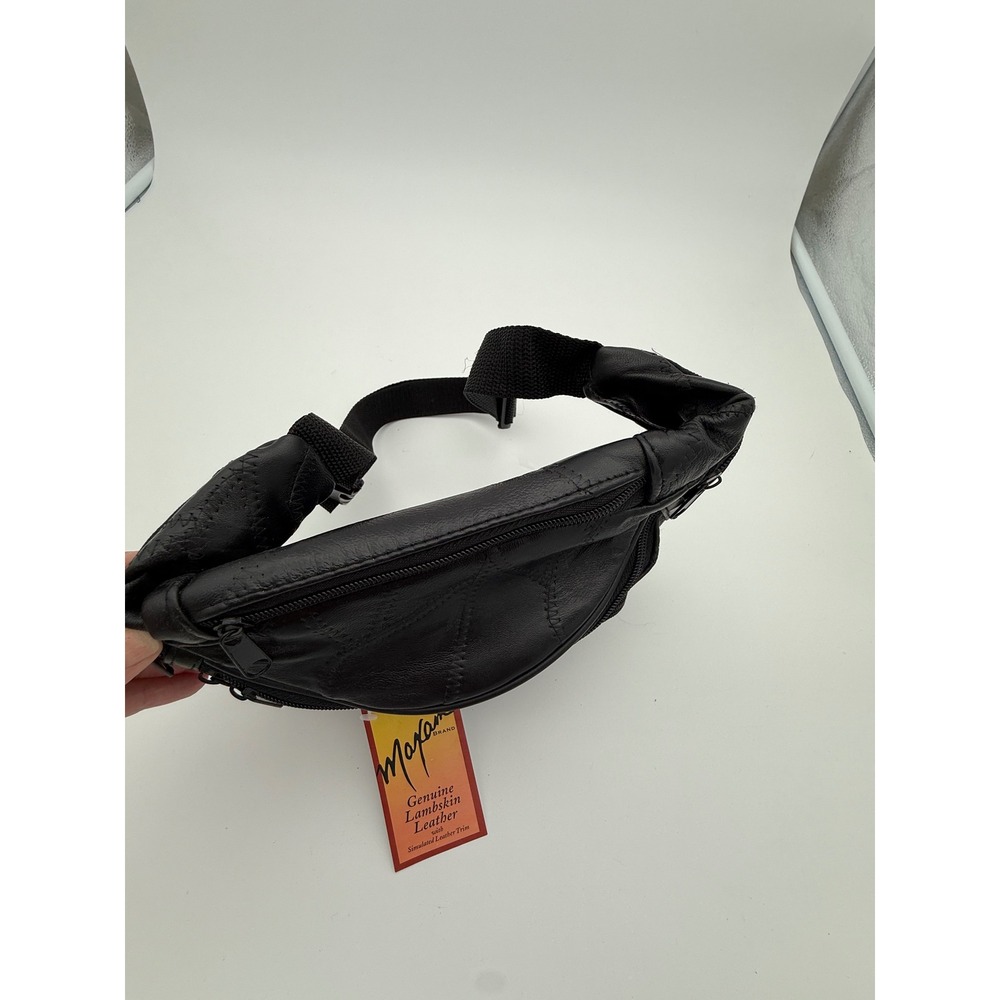 1990s Maxam Genuine Lambskin Leather Fanny Pack Black Multi Pocket Waist Bag NWT - Picture 5 of 14